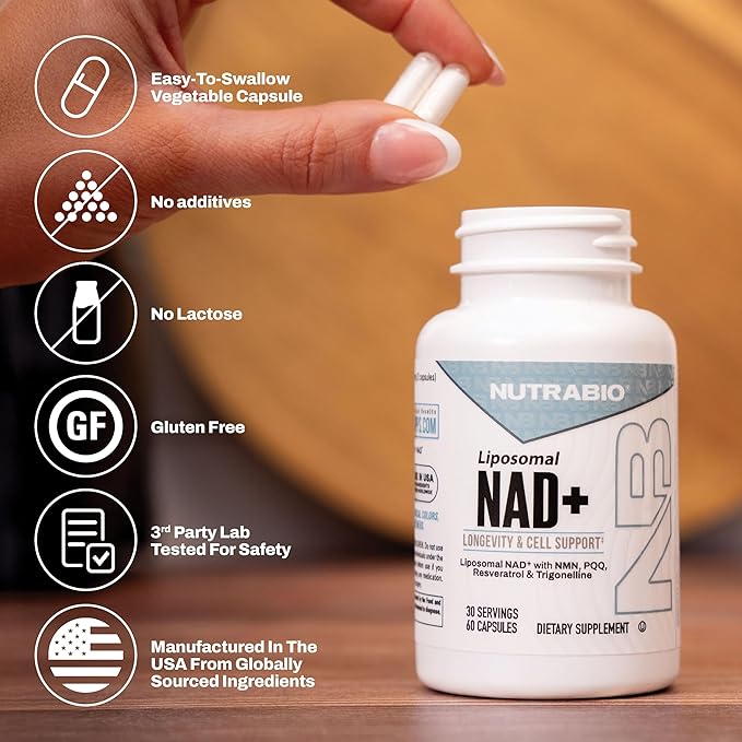 NutraBio Liposomal NAD+ Supplement with Resveratrol NMN &amp PQQ for Longevity and Cell Support for Men and Women Long-Term Vitality 60 Capsules