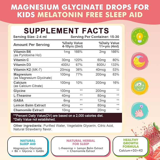 (2 Pack) Magnesium Glycinate Liquid Drops for Kids 4+ Magnesium Glycinate 100/200 mg for Sleep Relaxation and Calm Support 11 in 1 Natural Gentle Sleep Aid for Kids Sugar Free Strawberry Flavor