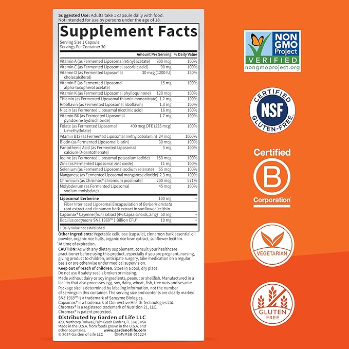 Garden of Life Dr. Formulated Multi+ Metabolism Support - Fermented Liposomal Multivitamin + Chromax Capsimax Berberine &amp Probiotics - 30 Capsules