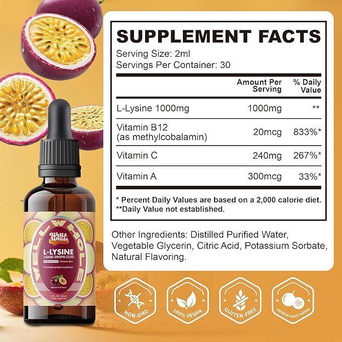 L-Lysine Supplement Liquid Drops | L-Lysine 1000mg Tincture with Vitamin A C and B12 for Adults &amp Kids | Immune Support Skin &amp Lips Health Collagen Synthesis | Non-GMO Vegan 4 Fl Oz (120