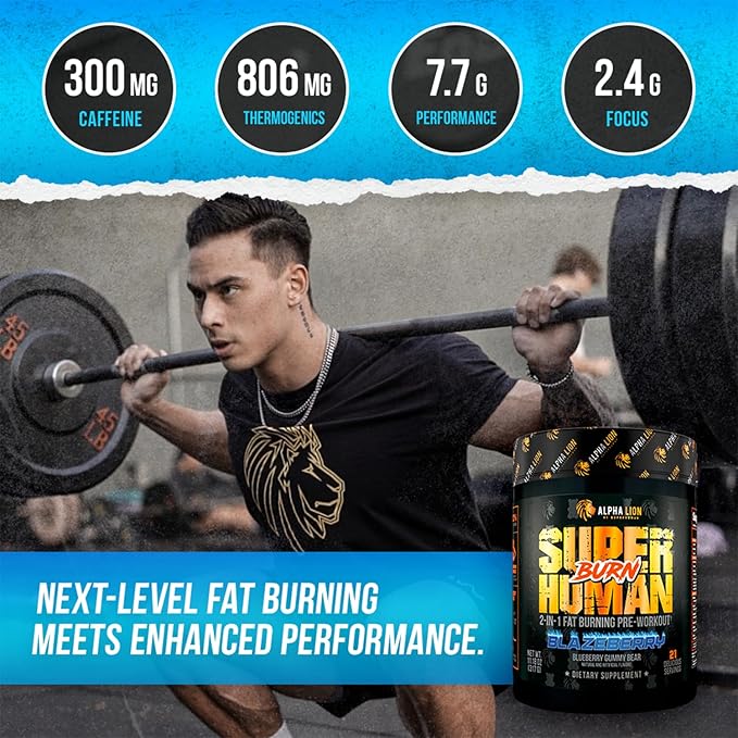 ALPHA LION Superhuman Burn – 2 in 1 Metabolism Booster Pre Workout and Thermogenic Fat Burner for Men – Appetite Suppressant and Weight Loss Supplement (21 Servings Blue Gummy Bear Flavor)