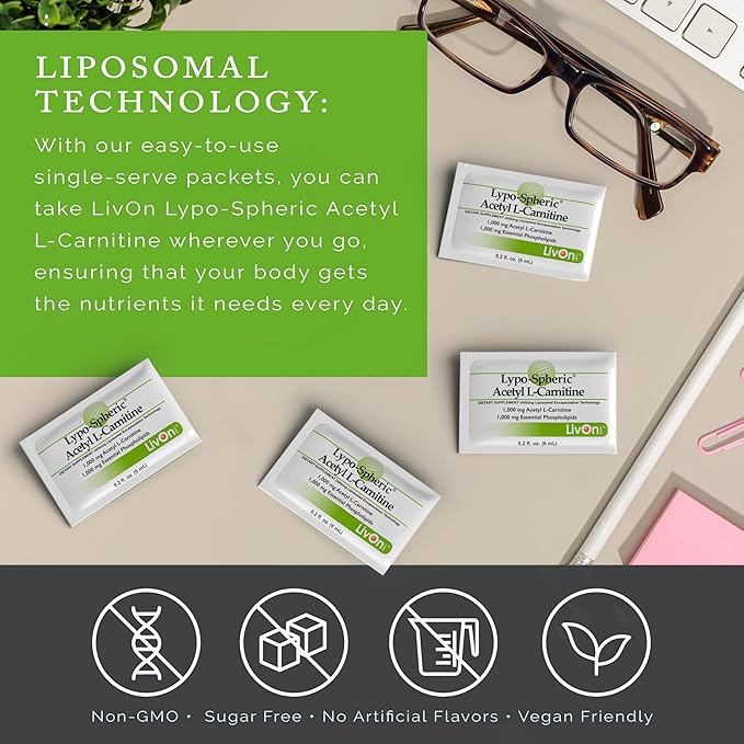 Lypo-Spheric Acetyl L-Carnitine – 1000 mg Acetyl L-Carnitine &amp Essential Phospholipids Per Packet – Liposome Encapsulated for Maximum Bioavailability – 100% Non-GMO - (30 Individual Packets)