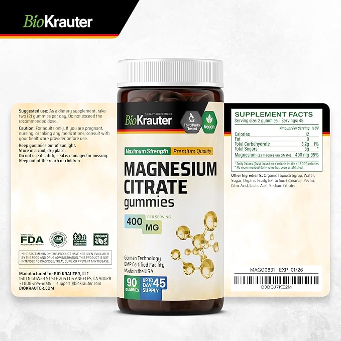 BIO KRAUTER Magnesium Citrate for Relaxation &amp Sleep Support - Magnesium Gummies 400 mg for Daily Wellness - Natural 90 Calm Gummies 45-Day Supply - Non-GMO Banana Flavor