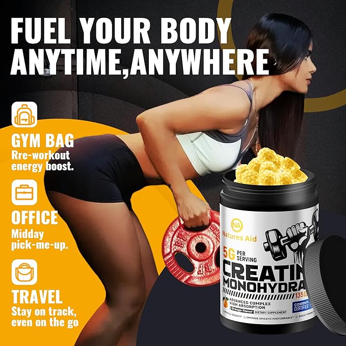 Natures Aid NSF Certified Creatine Gummy 5g - Creatine Monohydrate Gummies – Pre-Workout Energy &amp Muscle Growth Support for Men &amp Women | Orange Electrolyte Gummies (135 Count)