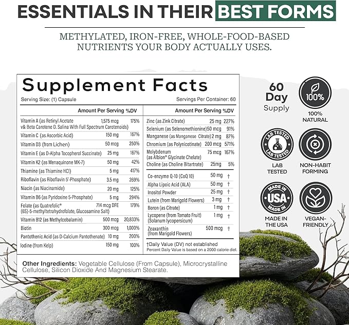 Wild Methylated Multivitamin for Women &amp Men | Daily Multi Vitamin | MTHFR Supplement Without Iron | Methylated B12 Folate Vitamin C A K2 D E Choline Biotin ALA CoQ10 &amp More (60 Caps