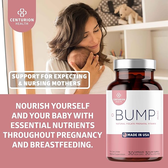 Centurion Health Bump Mini Complete Prenatal Vitamins for Women with Folate Choline Carbonyl Iron Zinc Vitamin D3 and Vitamin B12 for Fetal Development and Pregnancy Support 30 Caps