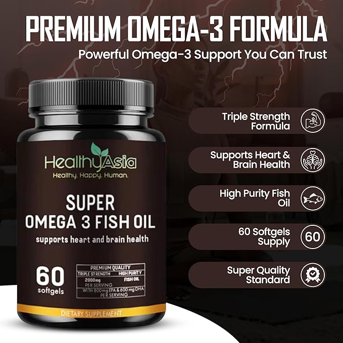 Black Label Super Omega 3 Fish Oil 2000mg High Potency 800mg EPA &amp 600mg DHA per Serving Triple Strength Heart &amp Brain Health Support Burpless Citrus Softgels Non-GMO 60 Count