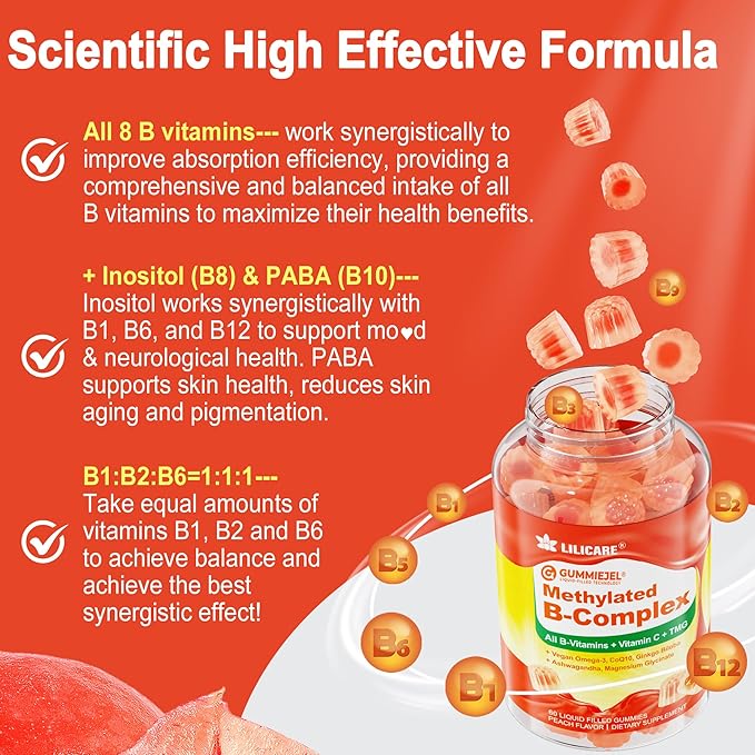 Super Methylated Vitamin B Complex Gummies - All B Vitamins + Omega-3 Magnesium CoQ10 AshwagandhaVitamin C TMG- For Women Men- Methyl B12 2000 mcg Methylfolate B1B2 B3B5B6B7- Sugar Free