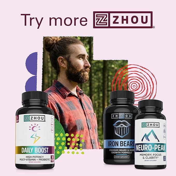Zhou Iron Beard - Beard Growth Vitamins Men Premium Biotin Saw Palmetto &amp B Vitamin Pills to Support Facial Hair Beard Care Supplement for Full Beard - 60 Veggie Capsules