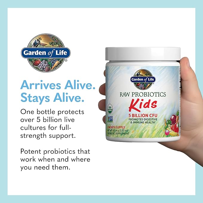 Garden of Life Raw Probiotics Kids - 5 Billion CFU - Whole Food Probiotic for Gut Health &amp Immune Support - for Children Ages 1 Year &amp Older - 60 Servings