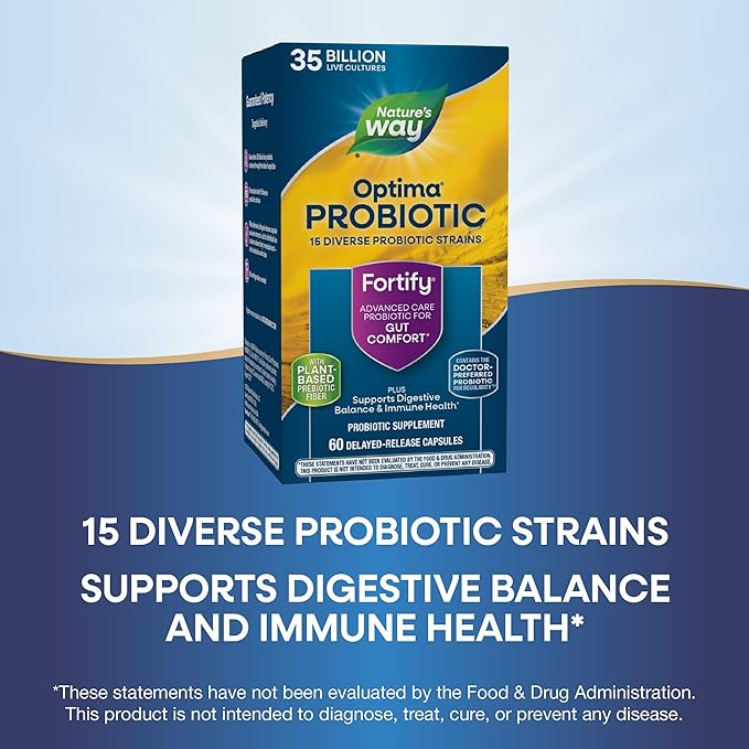 Nature's Way Fortify Optima Probiotic for Adults 35 Billion Live Cultures 15 Strains Supports Digestive Balance and Immune Health* No Refrigeration Required 60 Capsules (Packaging May Vary)