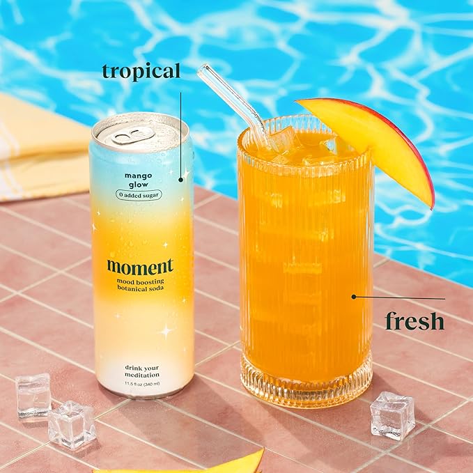 Moment Botanical Soda Soft Drink (Shark Tank) - SPARKLING Drinks | Mango Glow | L-Theanine &amp Ashwagandha for Calm &amp Clarity | 0 Added Sugar 0 Caffeine | 12-pack
