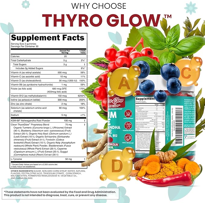 ThyroGlow Thyroid Support Gummies Selenium Iodine KSM 66 Ashwagandha L Tyrosine Vitamin D C B12 B6 Turmeric Blueberry Holy Basil Folate Bladderwrack By Clean Nutra