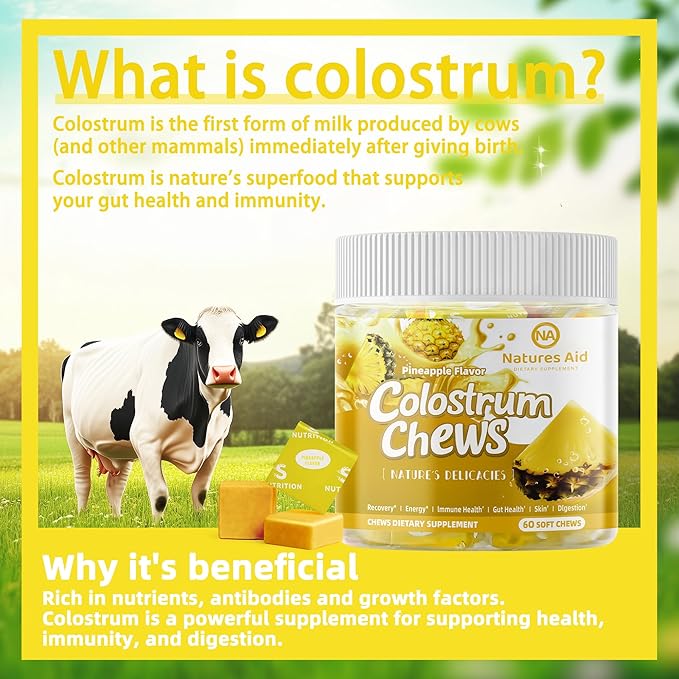 Colostrum Chews Supplement with probiotics for Gut Health Bloating Immune Support Skin Hair Growth and Beauty - Pineapple Flavor (60 Servings)