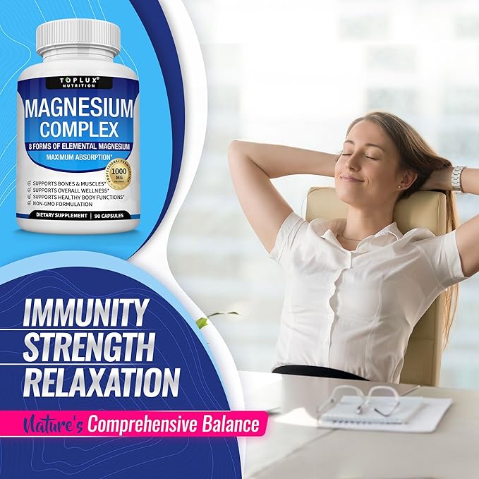 Magnesium Complex Supplement 8 Elemental 1000mg - Magnesium Glycinate Citrate Malate Taurate Chelated for Easy Absorption for Bones Muscle Recovery Energy Vegan Non-GMO 90 Capsules