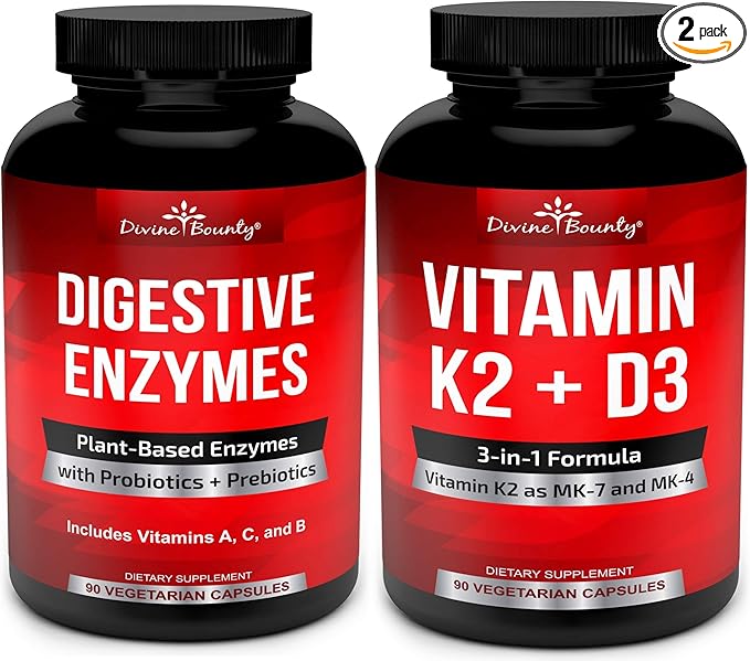 Divine Bounty Digestive Enzymes with Probiotics &amp Vitamin K2 and D3 Bundle