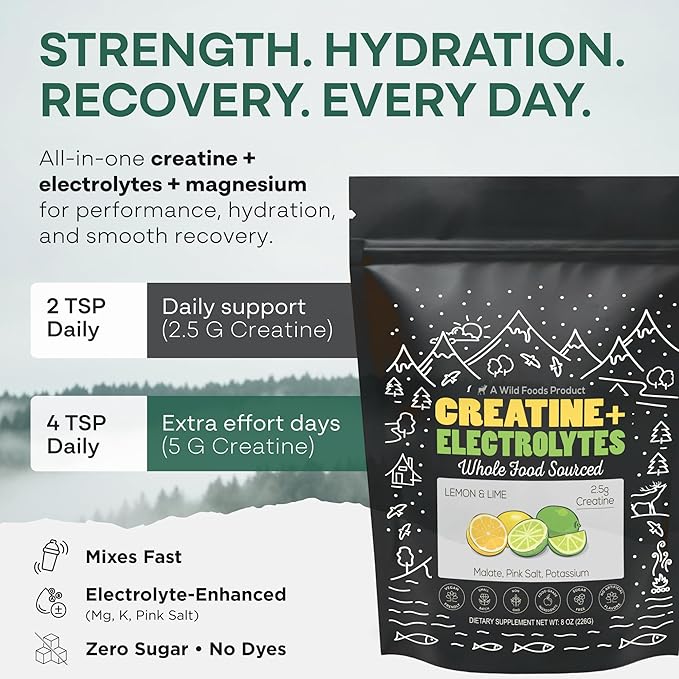 Wild Foods Creatine + Electrolytes Powder Lemon &amp Lime (8 oz 30 Servings) - 2.5g Creatine + Magnesium Malate Pink Salt Potassium - Whole-Food Sourced Hydration &amp Support - No Added Sugar