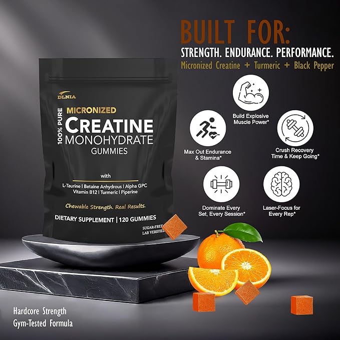 Creatine Monohydrate Gummies for Men &amp Women - Sugar Free &amp Vegan Advanced Formula W/L-Taurine + Vitamin B12 - for Muscle Strength Muscles Builder Recovery (120 Count (Pack of 1) Orange)