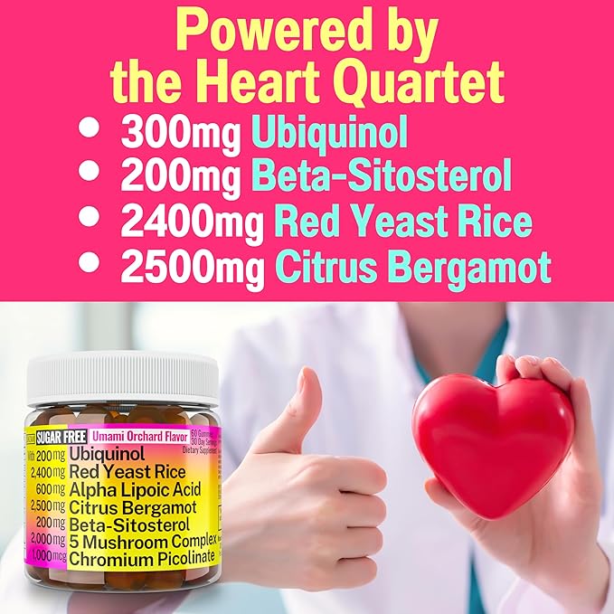 Red Yeast Rice Alpha Lipoic Acid Ubiquinol CoQ10 Citrus Bergamot Beta-Sitosterol Chromium Picolinate Sugar-Less Gummies w Lion's Mane Turkey Tail Reishi Cordyceps Chaga Pills Capsules Supplement Alt