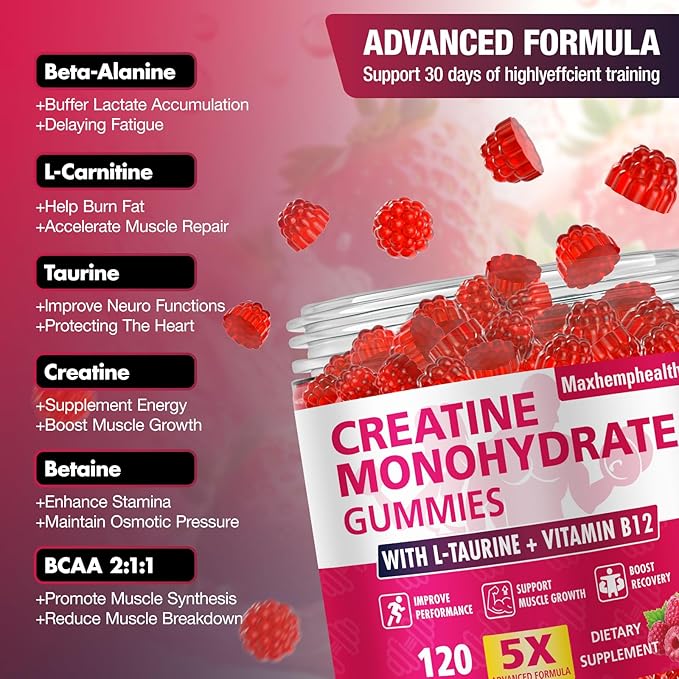 Creatine Gummies for Men &amp Women Creatine Monohydrate Gummies 5g Build Muscle Strength Recovery Cognitive Health &amp Memory Pre Workout Supplement 120 Count Raspberry Chewable Gummy