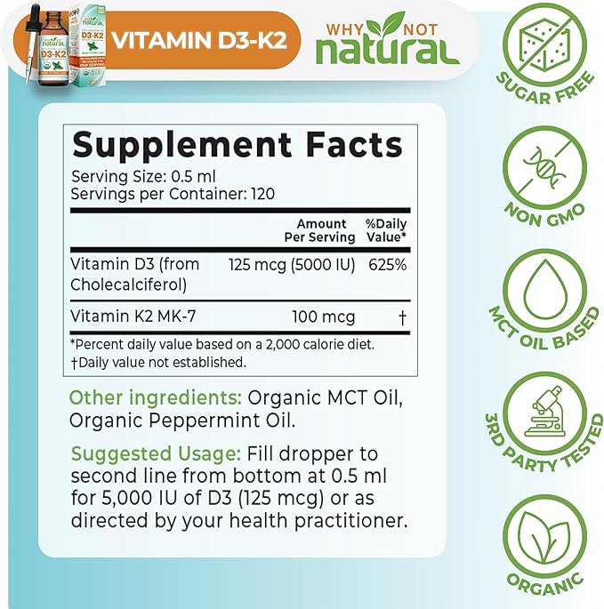 Why Not Natural Organic Vitamin D3 K2 (MK-7) Liquid Drops 5000 IU of sublingual D3 with Coconut MCT Oil for Strong Bones and Teeth Heart and Immune Support