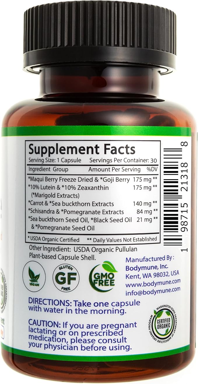 Bodymune Advanced EyeCare | USDA Organic Eye Health Supplement with Lutein &amp Zeaxanthin | Maqui Goji &amp Sea Buckthorn Extracts | 30-Day Supply | Vegan Non-GMO Made in USA