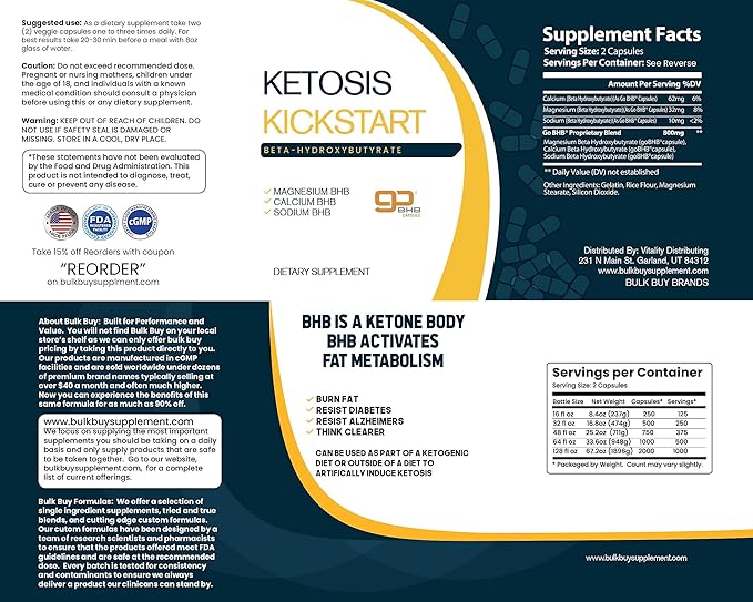 Ketosis Kickstart - 250 CT beta-hydroxybutyrate Salts for Ketogenic Diet in a Clear Square Grip Jar