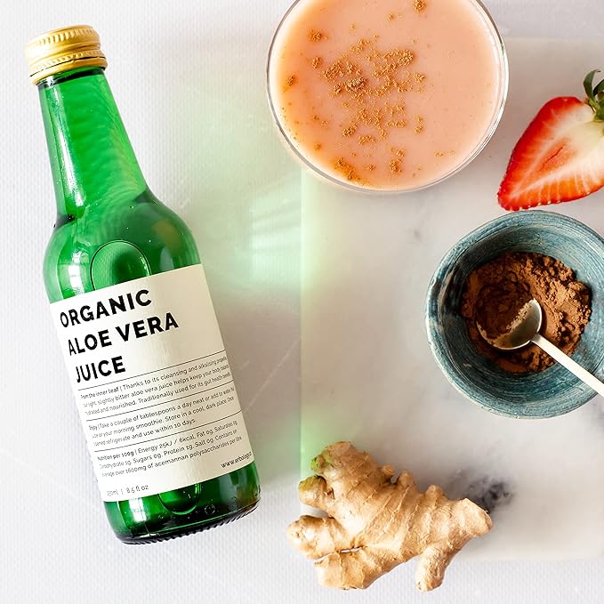 100% Organic Aloe Vera Juice 8.5 fl oz - Supports Immunity &amp Gut Health - Straight from Farm in Spain - Undiluted - No Added Sugar or Artificial Preservatives - Non-GMO - Recyclable Glass Bottle