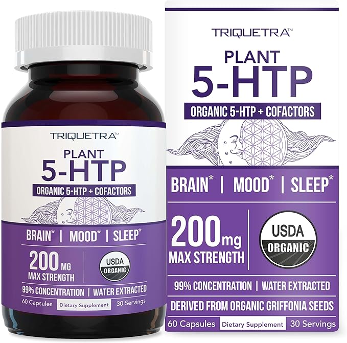 Organic 5-HTP - 200 mg | 99% 5HTP Concentration Plus Cofactor Vitamin B6 &amp Lion’s Mane | Water Extracted from Organic Griffonia Seeds | Supports Mood Cognition &amp Sleep (60 Capsules | 30 Serv