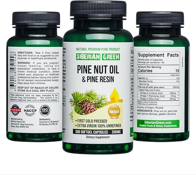 Siberian Green Pine Nut Oil w/Pine Resin Capsules 200 Softgels Wild Harvested Siberia Altai Cold Pressed Unrefined