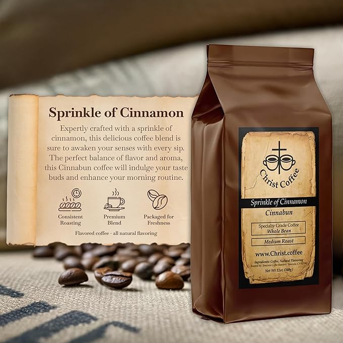 Christ Coffee Sprinkle of Cinnamon Whole Bean | Smooth and Creamy Flavor Perfect for Daily Brew | Freshly Roasted Rich Aroma Cinnabun 12 oz Bag