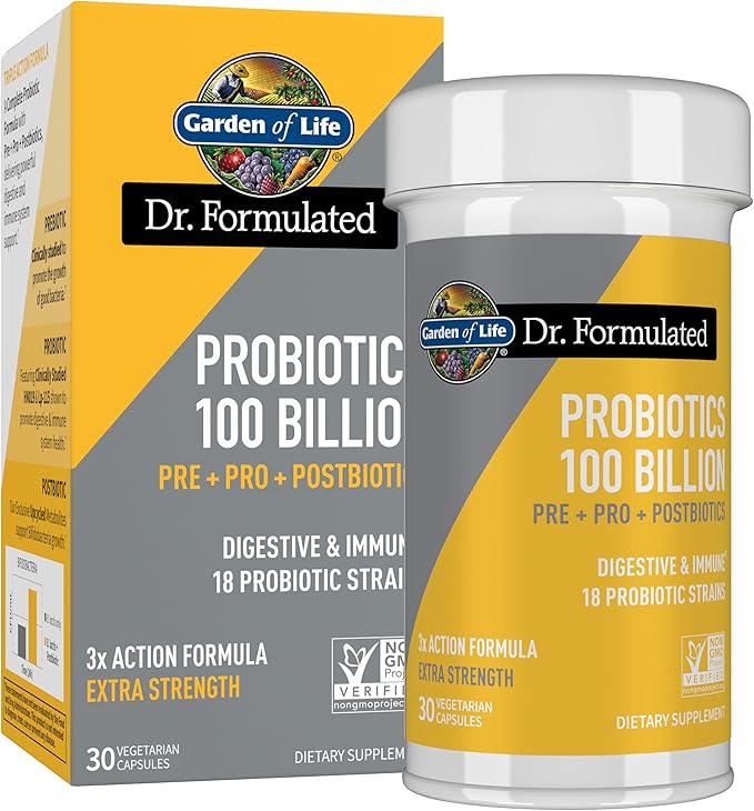 Garden of Life Dr. Formulated Pre Post &amp Probiotics 100 Billion CFU Once Daily 3-in-1 Complete Probiotics Prebiotics &amp Postbiotics Supplement for Women and Men – Extra Strength 30 Day Suppl