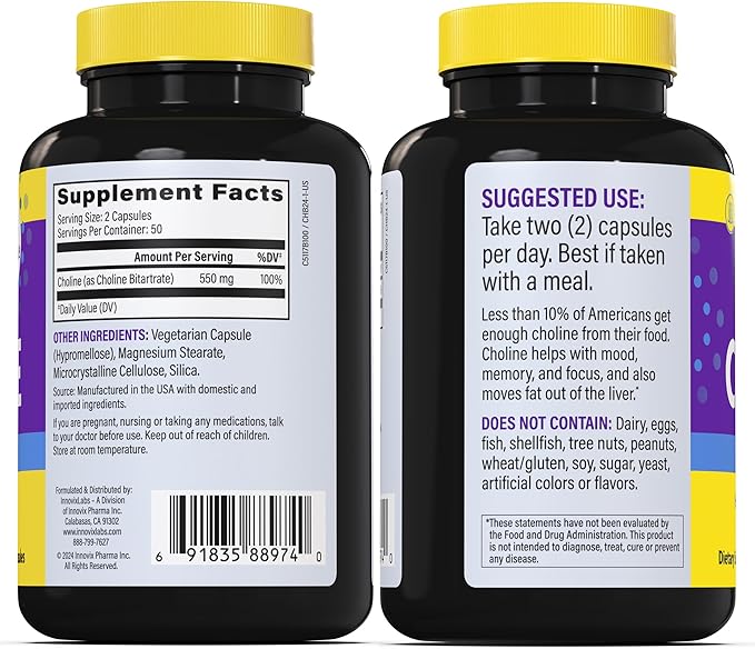 InnovixLabs Choline Supplement 550mg Pure Choline Bitartrate for Brain Health Focus Memory Cognitive Development Fatty Liver and Mood Support for Women and Men 100 Capsules