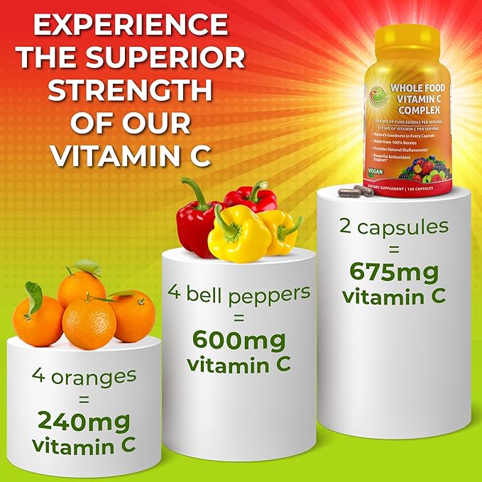Whole Food Vitamin C Complex - 1450mg Organic Berries - 675 mg Vitamin C per Serving High-Potency Antioxidant &amp Immune Support with Acerola Amla and Natural Bioflavonoids - Vegan Non-GMO 120 C