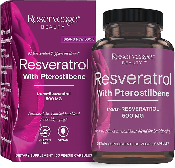 Reserveage Beauty Resveratrol 500 mg with Pterostilbene Antioxidant Supplement for Immune Support &amp Heart Health Supports Healthy Aging Paleo Keto 60 Capsules (60 Servings)