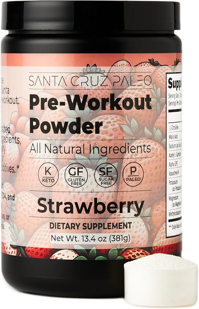 Santa Cruz Paleo Pre Workout Powder Electrolytes Magnesium Potassium Sea Salt &amp L Citrulline Caffeine &amp Sugar Free Preworkout Drink Mix for Energy &amp Hydration Strawberry Flavor 30 Se