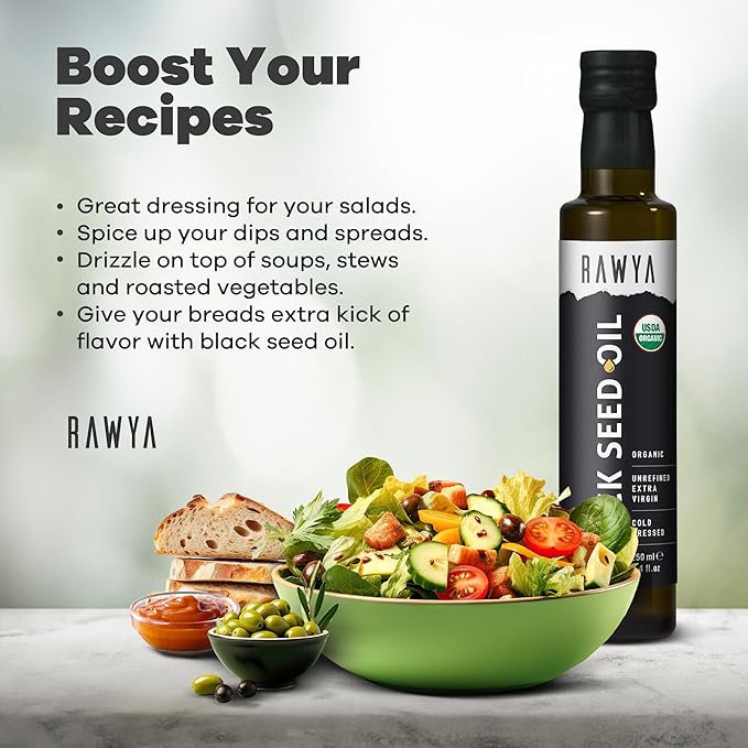 RAWYA Black Seed Oil | Extra Strong Taste With TQ Cold Pressed Nigella Sativa Non-GMO Glass Bottle + RAWYA Black Pit Oil - Unrefined Premium With TQ Cold Pressed Natural 8.4 Fl Oz