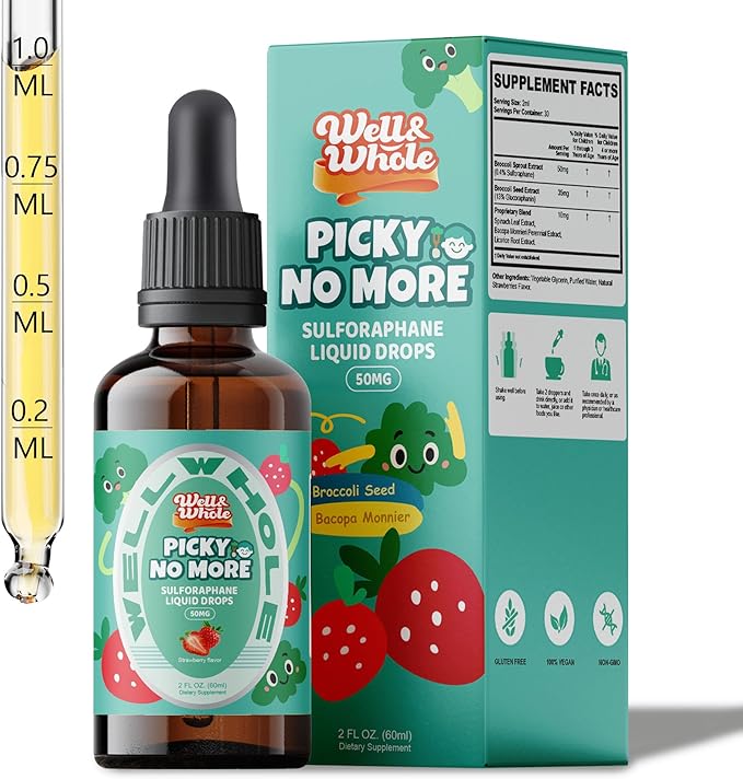 Well&ampWhole Sulforaphane Supplement Kids Liquid Broccoli Sprout Extract Appetite Booster and Healthy Eating Habits Broccoli Supplement for Children (1yrs+) Vegan Sugar-Free 60mL