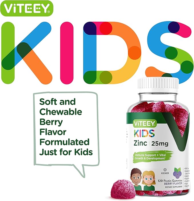 Viteey Zinc for Kids Gummies 25mg - Immune Support for Kids &amp Teens - Powerful Natural Antioxidant Kids Zinc Vitamin Supplement - Vegan Gelatin Free Gluten Free - Tasty Chewable Berry Flavor G