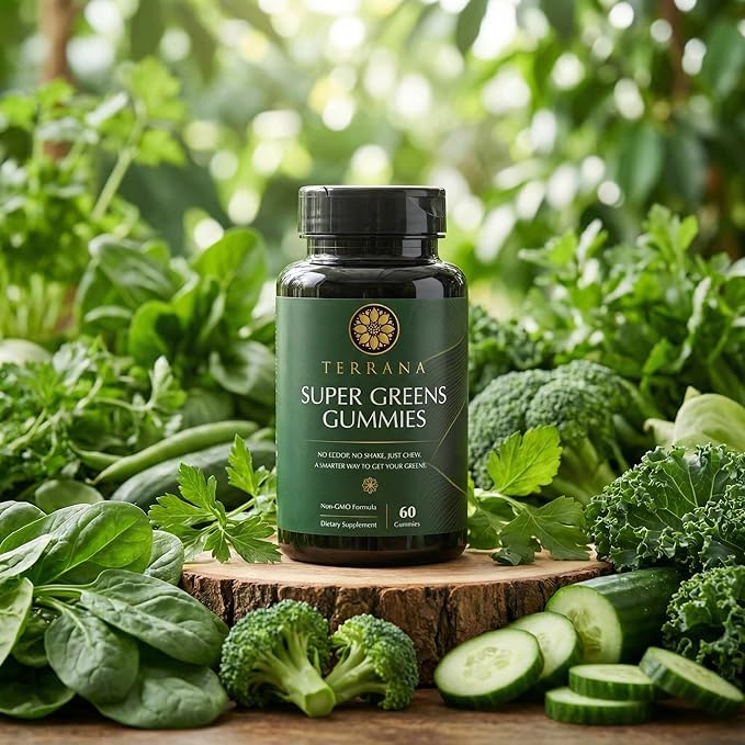 Terrana Super Greens Gummies - Daily Greens Supplement with Fruits Veggies Prebiotics &amp Antioxidants for Energy Digestion &amp Immunity - Vegan Non-GMO 60 Gummies
