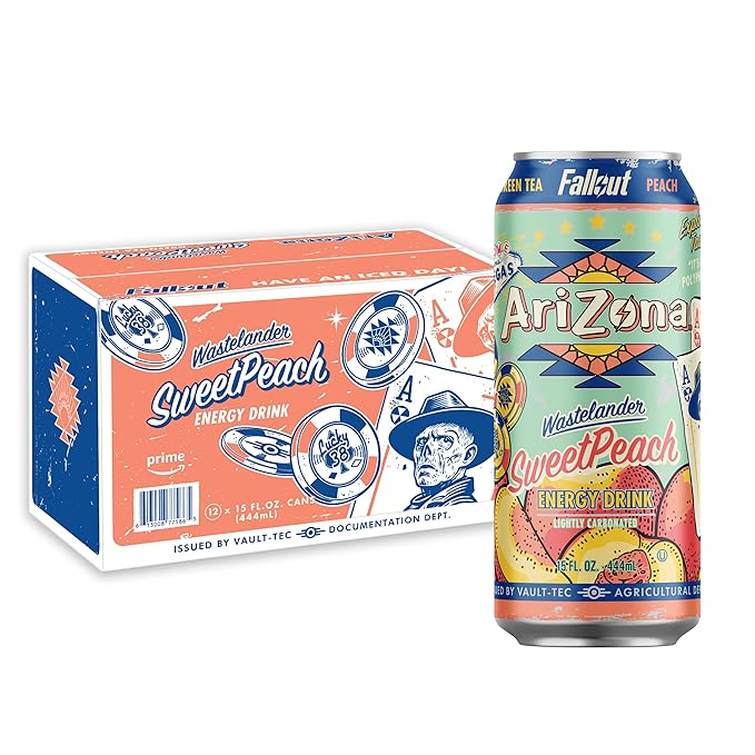 AriZona x Fallout Sweet Peach Green Tea Energy Drink 15 fl oz (Pack of 12) - 190mg Caffeine per Can