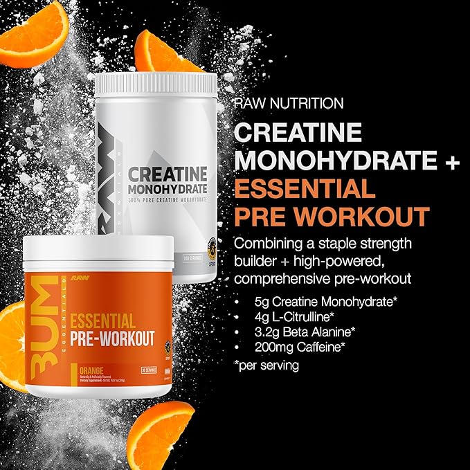 RAW Nutrition Creatine Monohydrate &amp Orange Pre-Workout Powder Bundle