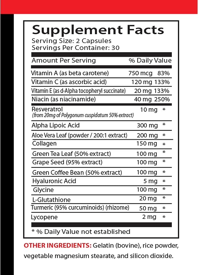 Anti-Wrinkle Complex - Anti-Wrinkle Turmeric Root Blend Vitamin E Hydrolyzed Collagen Green Tea Leaf Complex L-Glutathione Beauty Complex Grape Seed Glow Renewal Niacin Aloe Vera 3Bot