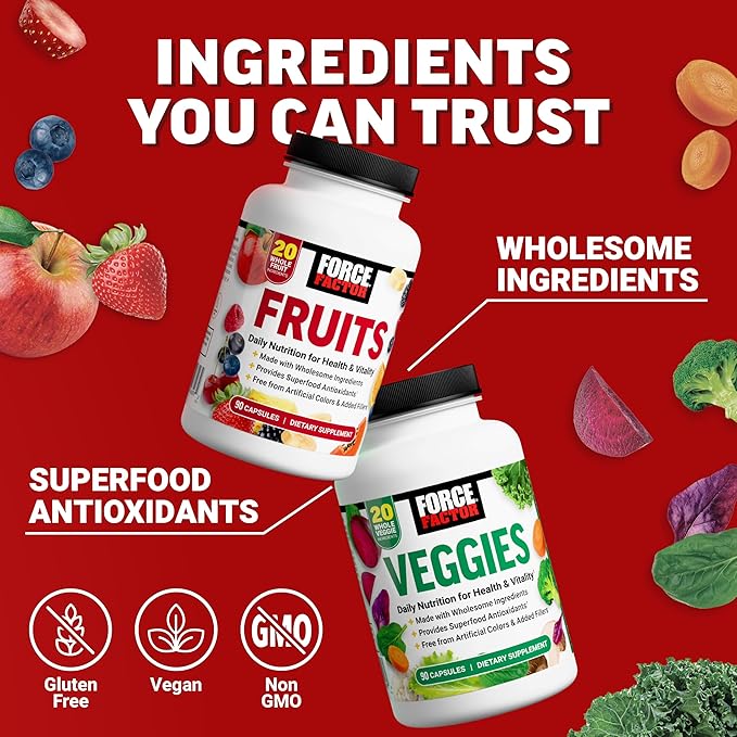Force Factor Fruits &amp Veggies Fruit &amp Vegetables Supplements for Adults with Superfood Antioxidants 20 Whole Food Ingredients Each No Added Fillers 2-Pack 90 Capsules Each