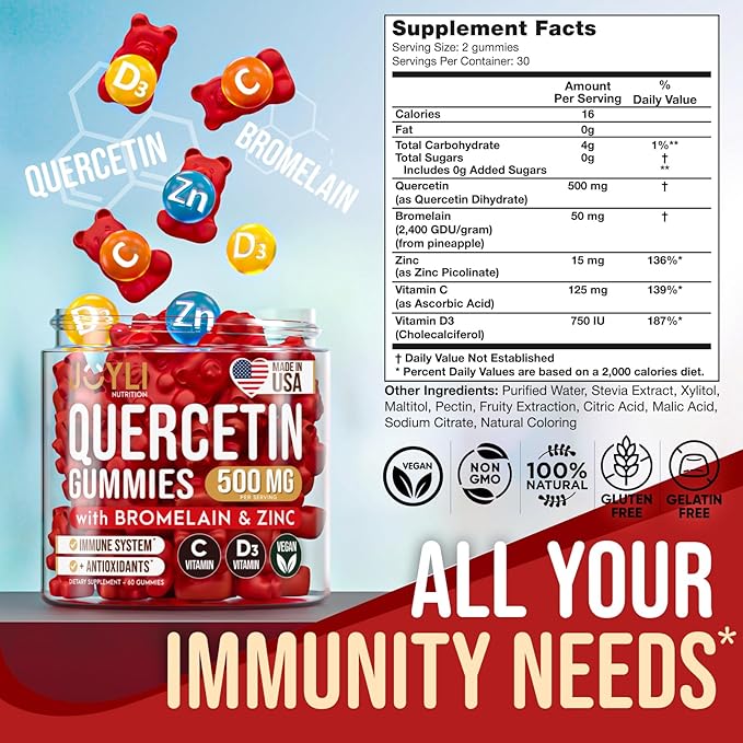 2 Pack - JOYLI Quercetin Gummies with Bromelain Zinc Vitamin C &amp D3 – Sugar-Free Quercetin Supplement for Immune Support &amp Seasonal Wellness – 500mg Quercetin for Kids &amp Adults – 60 Gumm