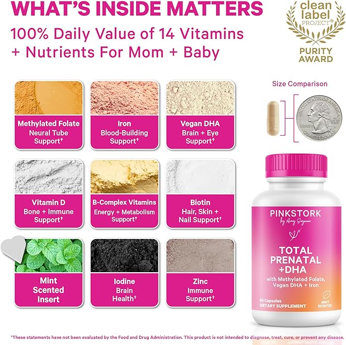 Pink Stork Total Prenatal Vitamins for Women | DHA Folate Iron Choline &amp Vitamin B12 | Preconception Nutrition | Prenatals for Women Pregnancy Essentials | Doctor Formulated 60 Count Mint
