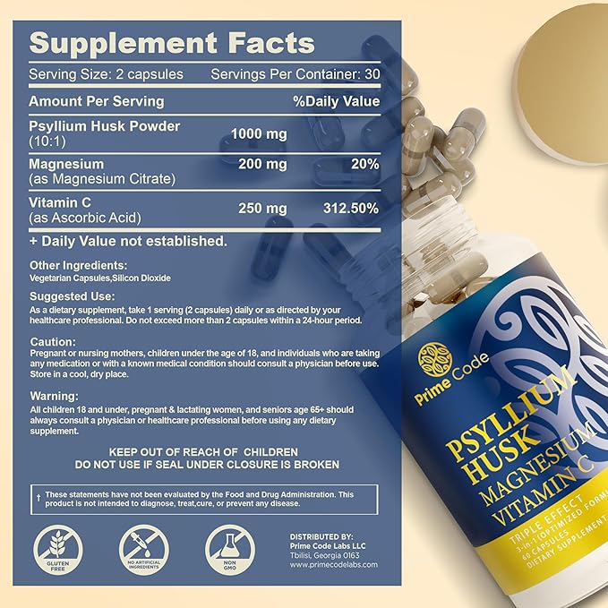 Prime Code CoQ10 250mg with Magnesium Glycinate and Vitamin E Psyllium Husk Capsules with Magnesium Citrate and Vitamin C
