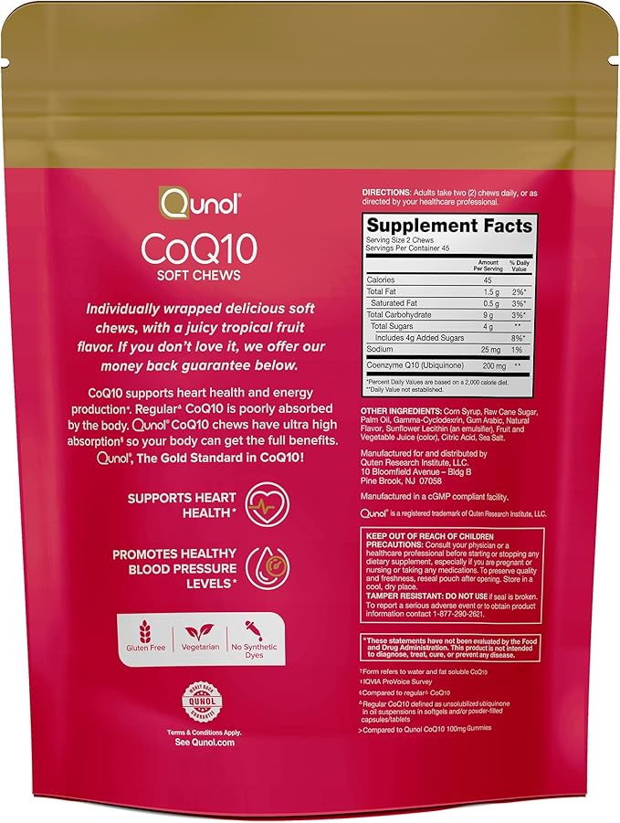 Qunol CoQ10 200mg Soft ChewsExtra Strength &amp Ultra High Absorption Coenzyme Q10 Supplement#1 Cardiologist Recommended Supplement for Heart Health90 Count (Pack of 2)