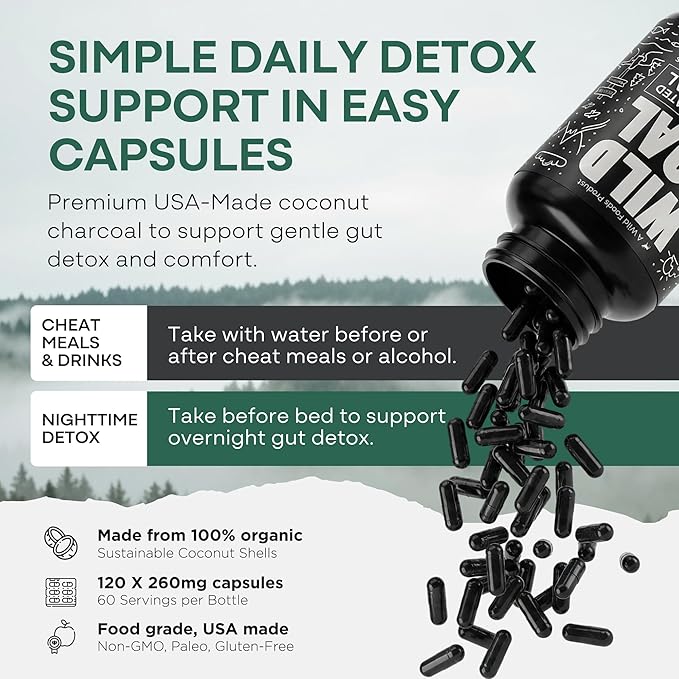 Wild Foods Activated Charcoal Capsules | 100% Organic Coconut Shells Active Tablets | Lab Tested &amp Non-GMO Detox Pills | USA (Three Bottles - 120 Capsules)