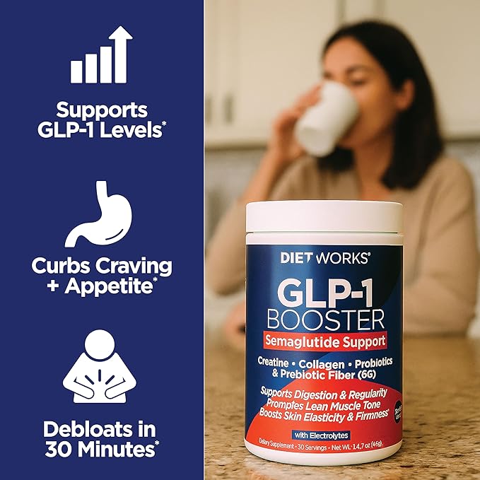 DietWorks GLP-1 Booster – Daily Companion Drink Mix with 6g Prebiotic Fiber Probiotics Collagen &amp Creatine – Supports Gut Health Hydration Energy &amp Wellness – Lemon Lime Flavor 30 Serving